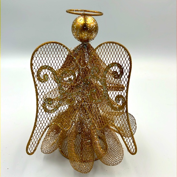 VTG Gold metal Christmas Angel playing instrument shiny Tree Topper Display - Picture 4 of 8